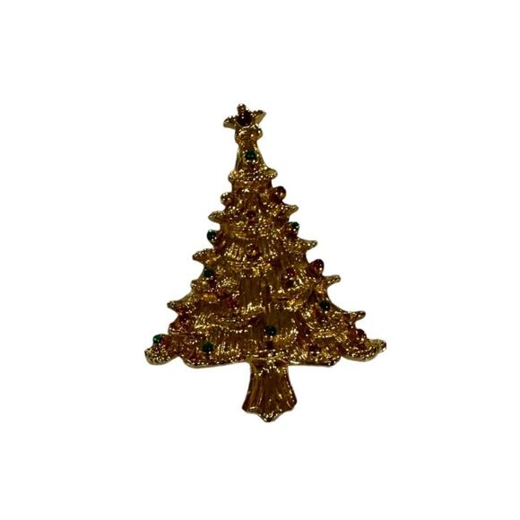 Gold‎ Tone Christmas Tree Brooch Pin Holiday Accessory Vintage Style Jewelry - Picture 1 of 2